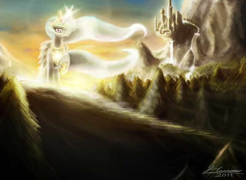 Size: 1680x1232 | Tagged: safe, artist:huussii, derpibooru import, princess celestia, alicorn, pony, backlighting, canterlot, female, forest, mare, praise the sun, scenery, solo, waterfall