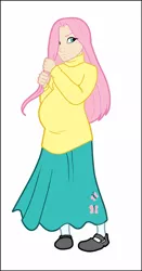 Size: 523x1000 | Tagged: artist:olympic-dames, clothes, derpibooru import, female, fluttershy, hair pulling, human, humanized, long skirt, pregnant, safe, shoes, simple background, skirt, solo, sweater, sweatershy, white background