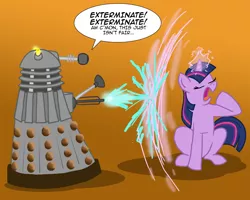 Size: 1000x800 | Tagged: safe, artist:the_gneech, derpibooru import, part of a set, twilight sparkle, pony, unicorn, adobe imageready, bored, crossover, dalek, dialogue, doctor who, eyes closed, female, force field, glowing horn, gradient background, magic, mare, open mouth, sitting, unicorn twilight, yawn