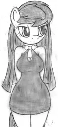 Size: 364x800 | Tagged: safe, artist:tg-0, derpibooru import, octavia melody, anthro, earth pony, clothes, dress, female, grayscale, little black dress, monochrome, simple background, solo