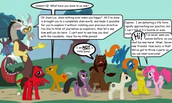 Size: 1280x768 | Tagged: safe, artist:menagerie, derpibooru import, discord, pinkie pie, ponified, draconequus, earth pony, pegasus, pony, unicorn, beverly crusher, comic sans, crossover, data, deanna troi, disqord, female, flying, geordi laforge, jean-luc picard, jumping, male, mare, pronking, q, stallion, star trek, star trek: the next generation, william riker, worf