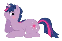 Size: 3061x2035 | Tagged: dead source, suggestive, artist:wicklesmack, derpibooru import, twilight sparkle, pony, unicorn, bedroom eyes, blushing, dusk shine, high res, male, prone, rule 63, simple background, solo, solo male, stallion, transparent background, unicorn dusk shine