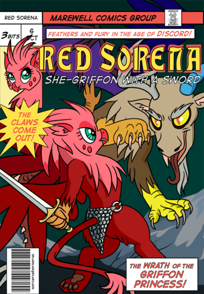 Size: 640x920 | Tagged: safe, artist:sorcerushorserus, derpibooru import, discord, oc, oc:red sorena, gryphon, comic:dash academy, chainmail bikini, comic, comic cover, female, loincloth, red sonja, sword, weapon