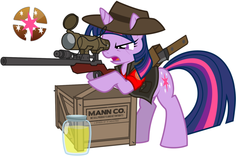 Size: 1596x1055 | Tagged: safe, artist:nikkikitty44, derpibooru import, twilight sparkle, pony, unicorn, crossover, cutie mark, female, gun, hat, hooves, horn, jar, jarate, knife, kukri, machete, mare, optical sight, pee in container, rifle, scar, simple background, sniper, sniper rifle, solo, team fortress 2, text, transparent background, twilight sniper, unicorn twilight, urine, weapon, who needs trigger fingers