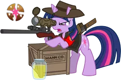 Size: 1596x1055 | Tagged: safe, artist:nikkikitty44, derpibooru import, twilight sparkle, pony, unicorn, crossover, cutie mark, female, gun, hat, hooves, horn, jar, jarate, knife, kukri, machete, mare, optical sight, pee in container, rifle, scar, simple background, sniper, sniper rifle, solo, team fortress 2, text, transparent background, twilight sniper, unicorn twilight, urine, weapon, who needs trigger fingers