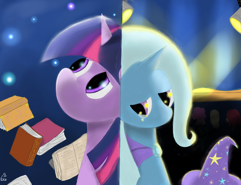 Size: 1300x1000 | Tagged: safe, artist:13era, derpibooru import, trixie, twilight sparkle, pony, unicorn, book, cape, clothes, crying, female, hat, looking down, looking up, mare, sad, split screen, stage, stars, trixie's cape, trixie's hat