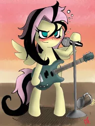 Size: 900x1188 | Tagged: dead source, safe, artist:gatodelfuturo, derpibooru import, fluttershy, pegasus, pony, alternate hairstyle, bipedal, drunk, drunkershy, electric guitar, emoshy, female, guitar, mare, microphone, solo, stage