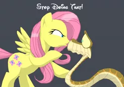 Size: 1552x1088 | Tagged: safe, artist:terry, derpibooru import, fluttershy, pegasus, pony, snake, angry, crossover, disney, eye contact, female, kaa, looking at each other, mare, simple background, stare, stop it, the stare