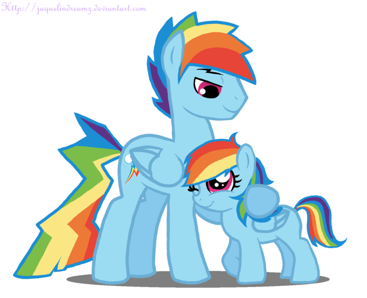 Size: 1601x1299 | Tagged: safe, artist:jaquelindreamz, derpibooru import, rainbow dash, oc, oc:aurora spectralis, pegasus, pony, father and daughter, female, filly, male, offspring, parent:rainbow blitz, parent:rainbow dash, parents:dashblitz, parents:selfcest, rainbow blitz, rule 63, selfcest, stallion