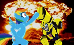 Size: 1280x771 | Tagged: safe, artist:terry, derpibooru import, rainbow dash, pegasus, pony, autobot, bumblebee, crossover, explosion, female, high five, hoofbump, mare, transformers, transformers animated