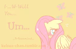 Size: 1280x828 | Tagged: safe, artist:kelsea-chan, derpibooru import, part of a set, fluttershy, pegasus, pony, blushing, female, floppy ears, hair over one eye, mare, sitting, solo, valentine