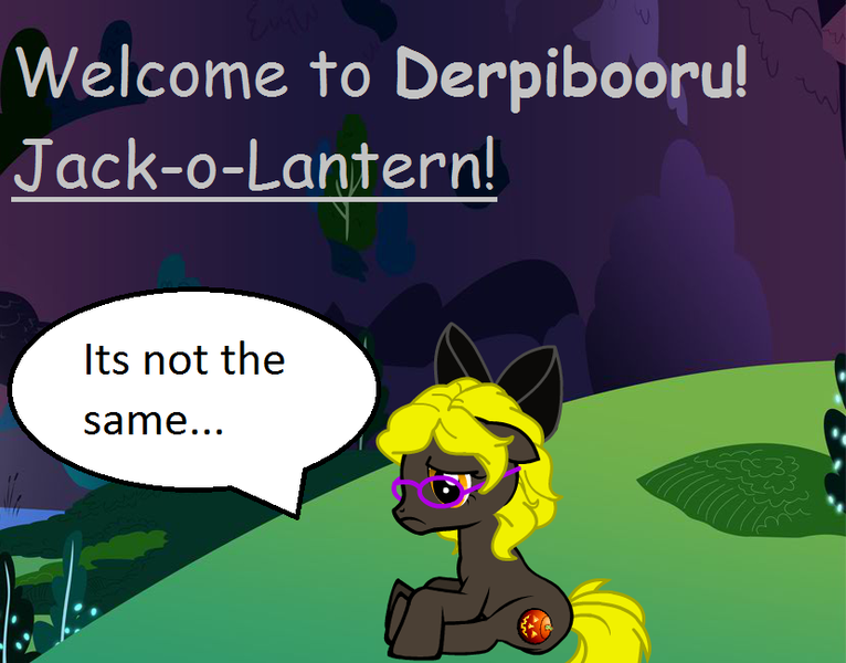 Size: 830x650 | Tagged: safe, derpibooru import, oc, oc:jack-o-lantern, unofficial characters only, earth pony, pony, derpibooru, pony creator, bow, comic sans, depressed, dialogue, frown, glasses, hair bow, jack-o-lantern, male, meta, night, sad, sitting, solo, speech bubble, stallion, text