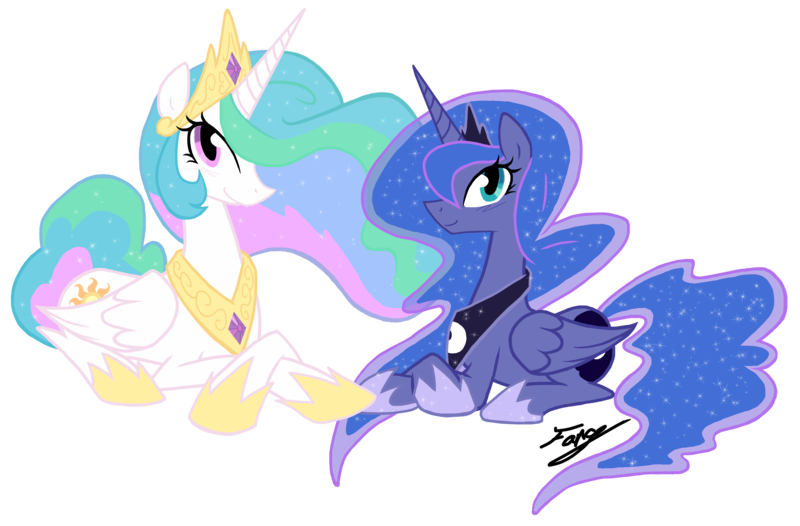 Size: 10500x6900 | Tagged: dead source, safe, artist:bronyfang, derpibooru import, princess celestia, princess luna, alicorn, pony, absurd resolution, female, hoof shoes, looking at you, mare, photoshop, prone, royal sisters, simple background, sisters, transparent background