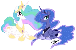 Size: 10500x6900 | Tagged: dead source, safe, artist:bronyfang, derpibooru import, princess celestia, princess luna, alicorn, pony, absurd resolution, female, hoof shoes, looking at you, mare, photoshop, prone, royal sisters, simple background, sisters, transparent background