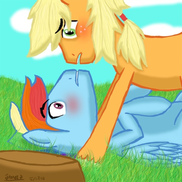 Size: 648x648 | Tagged: suggestive, artist:whatever4537, derpibooru import, applejack, rainbow dash, earth pony, pegasus, pony, appleblitz (gay), appledash, applejack (male), blushing, gay, grass, male, males only, on back, rainbow blitz, rule 63, shipping, stallion