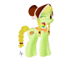 Size: 2500x2000 | Tagged: dead source, safe, artist:archendio, derpibooru import, granny smith, earth pony, pony, female, high res, looking at you, mare, mouth hold, one eye closed, simple background, solo, transparent background, wink, young granny smith, zap apple