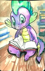 Size: 1001x1575 | Tagged: dead source, safe, artist:buttercupsaiyan, derpibooru import, spike, dragon, book, image, jpeg, male, reading, sitting, solo, watercolor painting