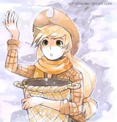 Size: 700x734 | Tagged: applejack, applejack's hat, artist:suikuzu, basket, clothes, cowboy hat, dead source, derpibooru import, female, hat, human, humanized, safe, scarf, snow, snowfall, solo