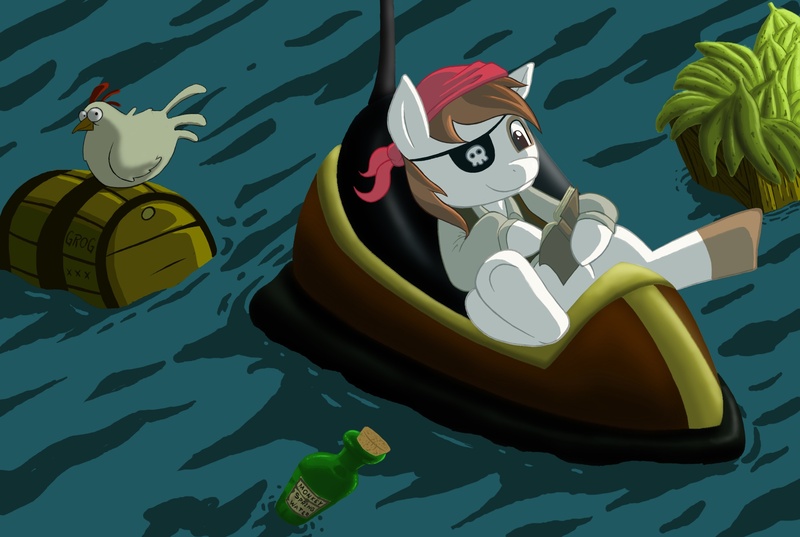 Size: 2000x1343 | Tagged: safe, artist:anadukune, derpibooru import, pipsqueak, earth pony, pony, banana, barrel, book, colt, crossover, food, male, monkey island, pirate, solo, video game, water