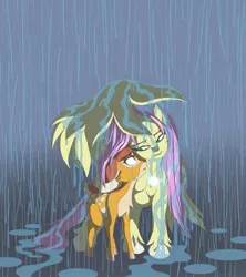 Size: 1024x1155 | Tagged: safe, artist:terry, derpibooru import, fluttershy, pegasus, pony, bambi, covering, crossover, crying, disney, duo, female, hooves, looking at each other, mare, rain, unshorn fetlocks, wet mane, wing umbrella