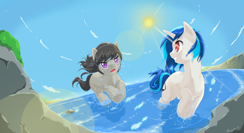 Size: 1980x1080 | Tagged: safe, artist:alliszero, derpibooru import, octavia melody, vinyl scratch, earth pony, pony, unicorn, beach, crepuscular rays, duo, female, mare, running, water, wet, wet mane