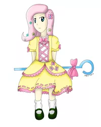 Size: 478x600 | Tagged: artist:sudro, clothes, derpibooru import, dress, female, fluttershy, human, humanized, safe, simple background, solo, style emulation, touhou, white background, zun