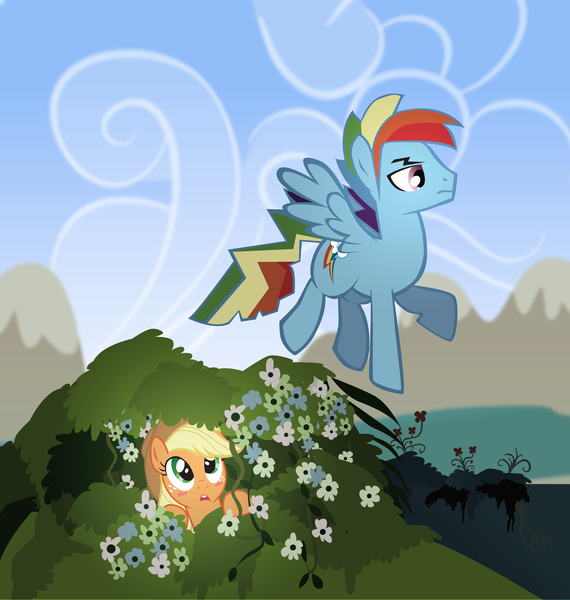 Size: 5099x5368 | Tagged: safe, artist:trotsworth, derpibooru import, applejack, rainbow dash, earth pony, pegasus, pony, fanfic, fanfic:on a cross and arrow, absurd resolution, appleblitz (straight), appledash, blushing, bush, eyes on the prize, fanfic art, female, flower, flying, half r63 shipping, hiding, male, mare, rainbow blitz, rule 63, shipping, stallion, straight