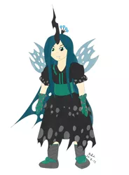 Size: 598x812 | Tagged: artist needed, derpibooru import, female, human, humanized, queen chrysalis, safe, simple background, smiling, solo, standing, style emulation, touhou, white background, winged humanization, wings, zun