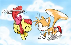 Size: 1600x1004 | Tagged: safe, artist:chibi-jen-hen, derpibooru import, apple bloom, earth pony, fox, pony, adorabloom, applebetes, applecopter, bloomails, crossover, cute, female, filly, flying, hoopla, loop-de-hoop, miles "tails" prower, shocked, sky, sonic the hedgehog (series), surprised, tailcopter, tailsabetes