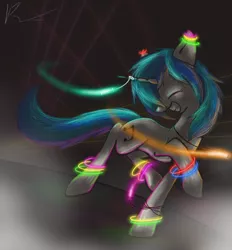 Size: 650x700 | Tagged: safe, artist:nos-talgia, derpibooru import, vinyl scratch, pony, unicorn, eyes closed, female, glow rings, glowstick, image, mare, png, rave, solo