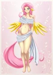 Size: 1061x1500 | Tagged: artist:jessicaelwood, belly button, big breasts, breasts, busty fluttershy, curvy, derpibooru import, eared humanization, female, fluttershy, human, humanized, nudity, partial nudity, ponibooru import, pony ears, solo, solo female, strategically covered, suggestive, tailed humanization, wide hips, winged humanization