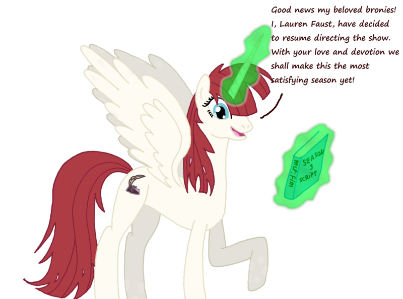 Size: 1000x743 | Tagged: safe, artist:hakar-kerarmor, derpibooru import, queen chrysalis, oc, oc:fausticorn, unofficial characters only, alicorn, pony, book, dialogue, disguise, disguised changeling, female, glowing horn, horn, image, lauren faust, levitation, magic, mare, open mouth, png, raised hoof, seems legit, simple background, smiling, solo, spread wings, standing, telekinesis, transparent background
