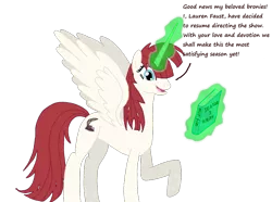 Size: 1000x743 | Tagged: safe, artist:hakar-kerarmor, derpibooru import, queen chrysalis, oc, oc:fausticorn, unofficial characters only, alicorn, pony, book, dialogue, disguise, disguised changeling, female, glowing horn, horn, image, lauren faust, levitation, magic, mare, open mouth, png, raised hoof, seems legit, simple background, smiling, solo, spread wings, standing, telekinesis, transparent background