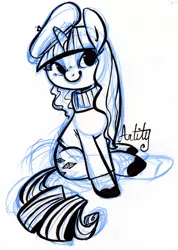 Size: 570x800 | Tagged: safe, artist:briskby, derpibooru import, rarity, pony, beatnik rarity, beret, clothes, female, mare, signature, simple background, sitting, solo, sweater