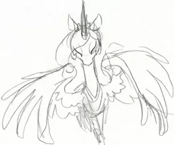 Size: 1000x832 | Tagged: safe, artist:briskby, derpibooru import, princess celestia, alicorn, pony, eyes closed, female, mare, monochrome, simple background, solo, spread wings, traditional art, wings