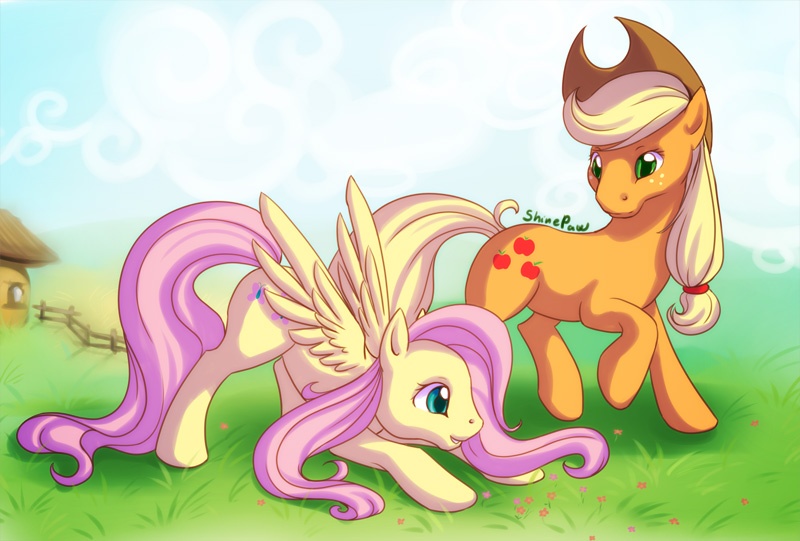 Size: 800x541 | Tagged: safe, artist:shinepawpony, derpibooru import, applejack, fluttershy, earth pony, pegasus, pony, appleshy, female, grass, lesbian, mare, shipping