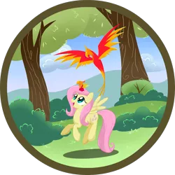 Size: 1862x1862 | Tagged: safe, artist:zap-apple, derpibooru import, fluttershy, peewee, philomena, pegasus, phoenix, pony, female, flying, mare, tree
