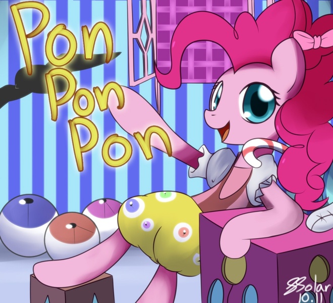 Size: 1100x1000 | Tagged: safe, artist:solar-slash, derpibooru import, pinkie pie, earth pony, pony, candy, candy cane, female, food, kyary pamyu pamyu, looking at you, mare, music, paint tool sai, ponponpon, raised hoof, solo