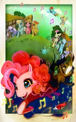 Size: 600x959 | Tagged: safe, artist:hinoraito, derpibooru import, bon bon, carrot top, cranky doodle donkey, derpy hooves, golden harvest, lyra heartstrings, pinkie pie, rainbow dash, sweetie drops, donkey, earth pony, pegasus, pony, unicorn, female, male, mare, music notes, ponyville