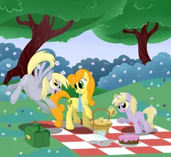 Size: 2000x1833 | Tagged: safe, artist:zap-apple, derpibooru import, carrot top, derpy hooves, dinky hooves, golden harvest, earth pony, pegasus, pony, unicorn, basket, cake, cute, cutie top, derpytop, female, filly, food, lesbian, mare, mouth hold, muffin, picnic basket, picnic blanket, shipping, tongue out