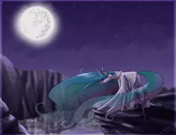 Size: 1300x1000 | Tagged: safe, artist:probablyfakeblonde, derpibooru import, princess celestia, alicorn, pony, crying, female, mare, mare in the moon, moon, night, solo, wings down