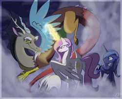 Size: 1600x1300 | Tagged: dead source, safe, artist:probablyfakeblonde, derpibooru import, discord, princess celestia, princess luna, alicorn, draconequus, pony, female, filly, foal, male, mare, s1 luna, sisters, trio