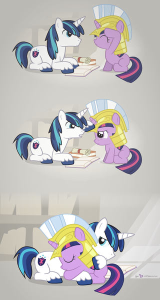Size: 1200x2250 | Tagged: safe, artist:dm29, derpibooru import, shining armor, twilight sparkle, pony, unicorn, book, brother and sister, cute, duo, female, filly, foal, helmet, hug, julian yeo is trying to murder us, male, prone, scroll, stallion