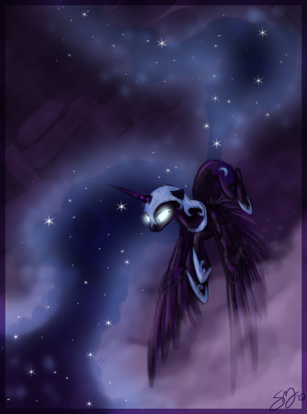 Size: 1158x1565 | Tagged: safe, artist:probablyfakeblonde, derpibooru import, nightmare moon, alicorn, pony, female, flying, glowing eyes, mare, night, solo