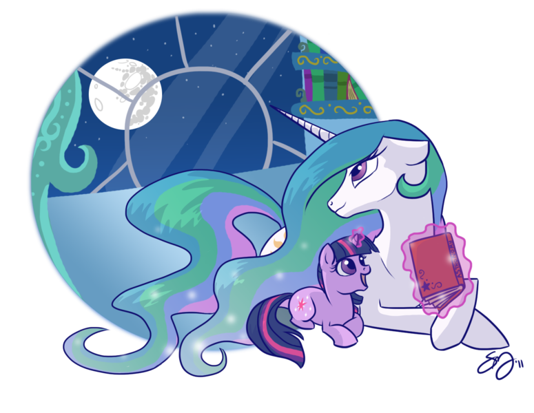 Size: 1420x1100 | Tagged: safe, artist:probablyfakeblonde, derpibooru import, princess celestia, twilight sparkle, alicorn, pony, unicorn, book, caring, duo, female, filly, filly twilight sparkle, looking back, magic, mare, mare in the moon, momlestia, moon, night, prone, telekinesis, window, younger