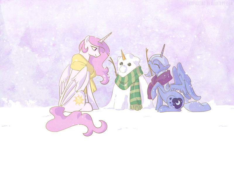 Size: 2048x1536 | Tagged: safe, artist:egophiliac, derpibooru import, princess celestia, princess luna, alicorn, pony, clothes, duo, female, mare, mouth hold, pink-mane celestia, royal sisters, s1 luna, scarf, sisters, sitting, snow, snowfall, snowmare, snowpony