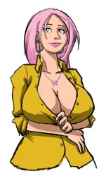 Size: 415x688 | Tagged: artist:moronsonofboron, big breasts, breasts, busty fluttershy, cleavage, derpibooru import, ear piercing, earring, female, fluttershy, human, humanized, jewelry, necklace, piercing, ponibooru import, safe, simple background, solo, white background