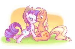 Size: 1034x674 | Tagged: safe, artist:kelsea-chan, derpibooru import, applejack, rarity, earth pony, pony, unicorn, applejack's hat, cowboy hat, cute, female, hat, lesbian, mare, rarijack, shipping, sitting