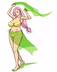 Size: 900x1123 | Tagged: alternative cutie mark placement, armpits, artist:moronsonofboron, barefoot, belly button, big breasts, bikini, breasts, busty fluttershy, clothes, curvy, cutie mark, derpibooru import, ear piercing, earring, feet, female, fluttershy, human, humanized, jewelry, piercing, safe, sarong, simple background, solo, swimsuit, yellow swimsuit