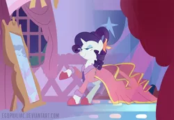 Size: 1800x1238 | Tagged: safe, artist:egophiliac, derpibooru import, rarity, pony, unicorn, carousel boutique, clothes, dress, dressing gown, female, gala dress, mare, mirror, pins, raised hoof, slippers, solo